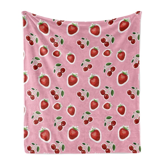 Fruit Soft Flannel Fleece Throw Blanket, Digital Print of Strawberry and Cherry Pattern, Cozy Plush for Indoor and Outdoor Use, 60" x 80", Pale Pink Fern Green, by Ambesonne