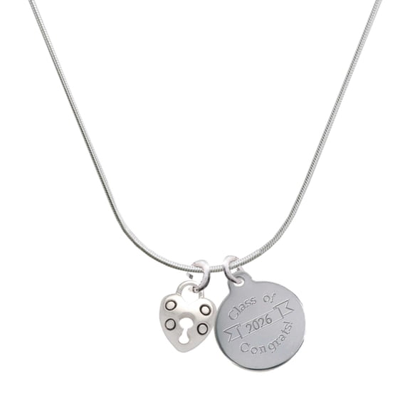 Delight Jewelry Silver-tone Small Heart Lock with Keyhole - Engraved Congrats Class of 2026 Charm Necklace, 18"