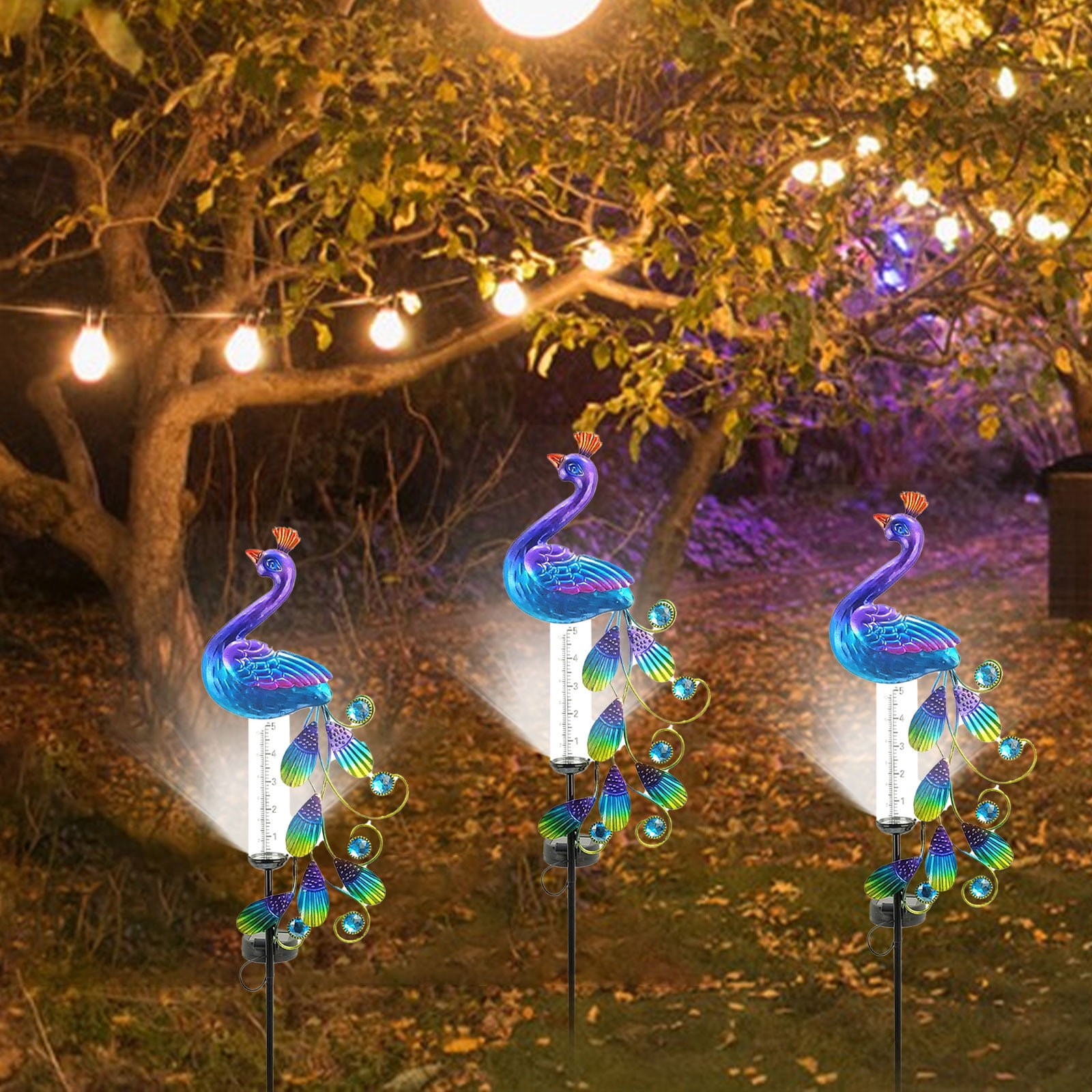 Kmdttou Outdoor Solar Lights 35.1 Inch Rain Gauge, Solar Lighted Garden Stake Decorations With 16 LED Warm Lights, Metal Yard Art Outdoor Meadow Patio Decor