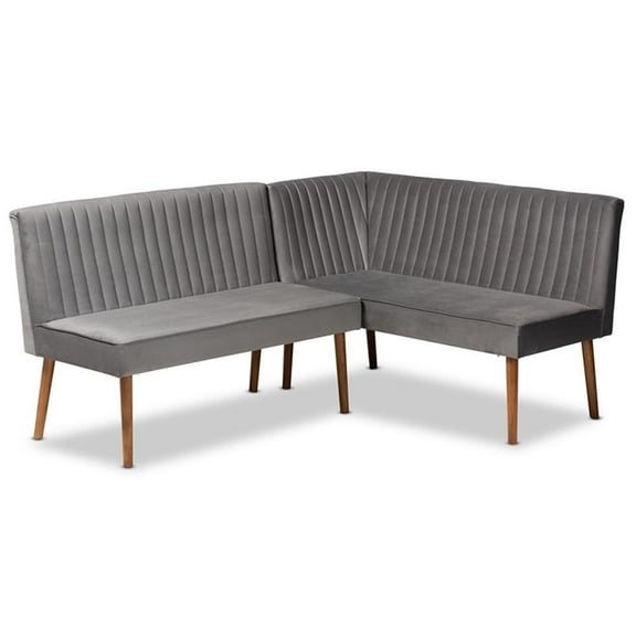 Bowery Hill Gray Velvet and Brown Wood 2-Piece Dining Nook Set