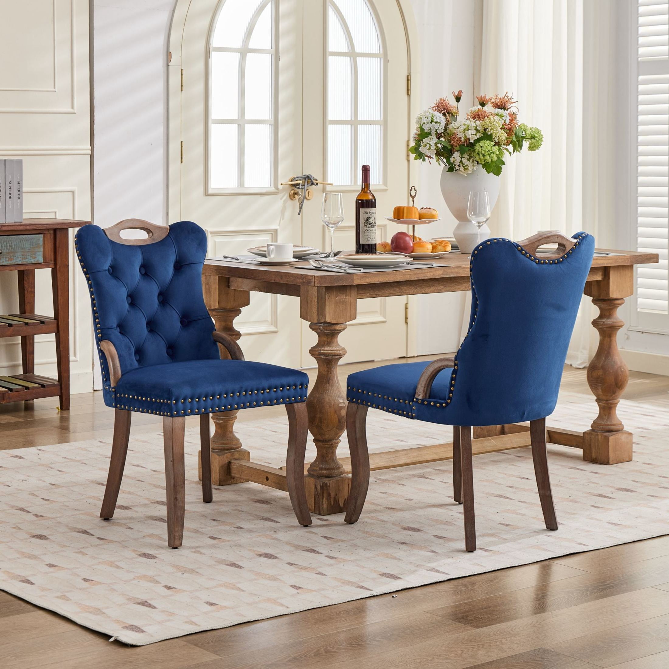 GDF Studio Set of 2 Dining Chairs with Tufted Velvet Upholstery, Copper Nailhead Trim, Blue
