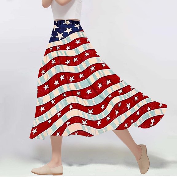 Njagoc3 Womens Flag - Inspired Maxi Skirt, Flared Fit for Summer Patriotic Gatherings & National Events