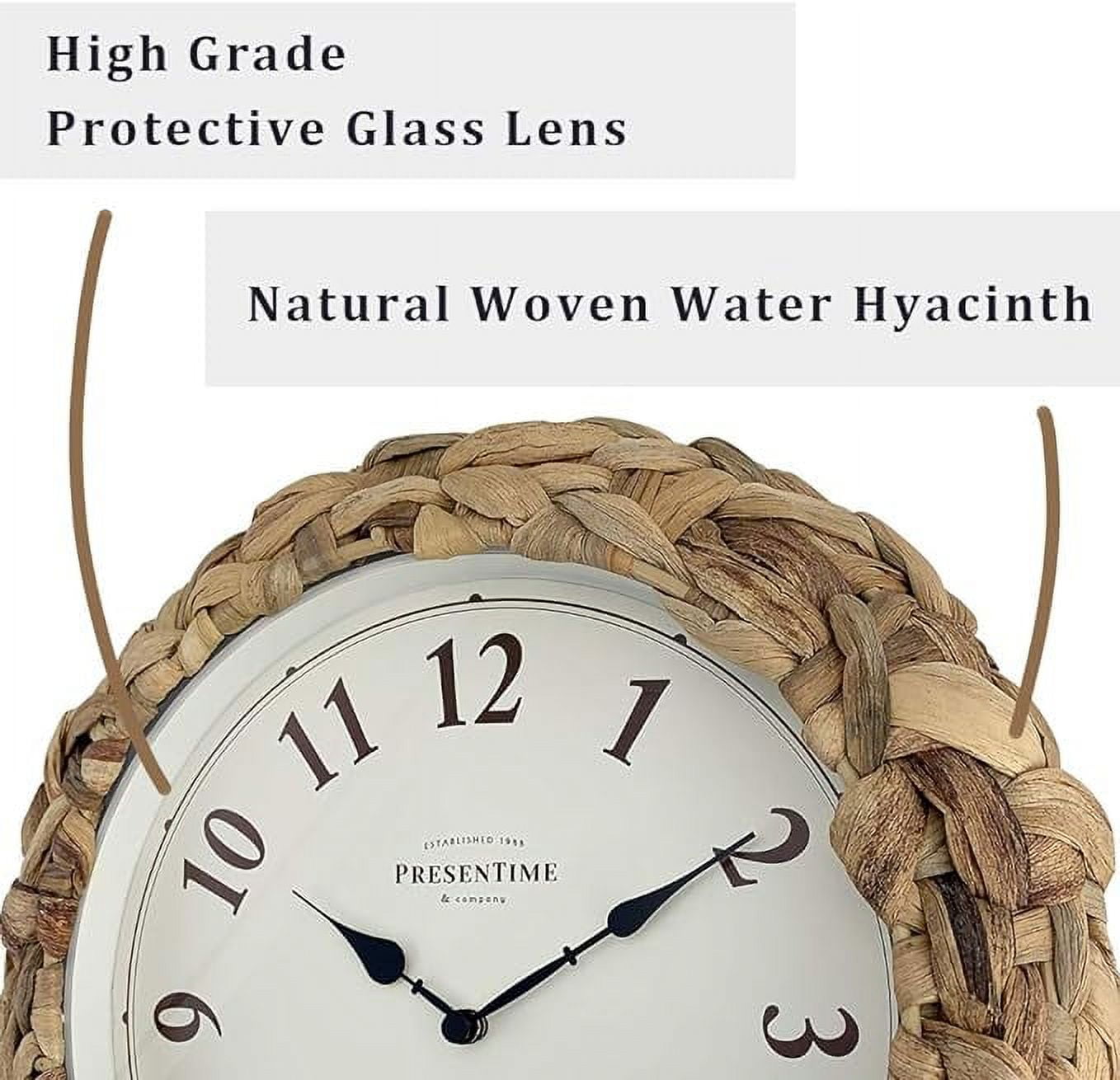 Presentime & Co Farmhouse Series, Rustic Woven Clock, 10.5 inch, Natural Woven Water Hyacinth/Sea Grass. Wall Sculpture, Wall Art and Timepiece for Home Decoration/Wall Decoration/Farmhouse Décor.
