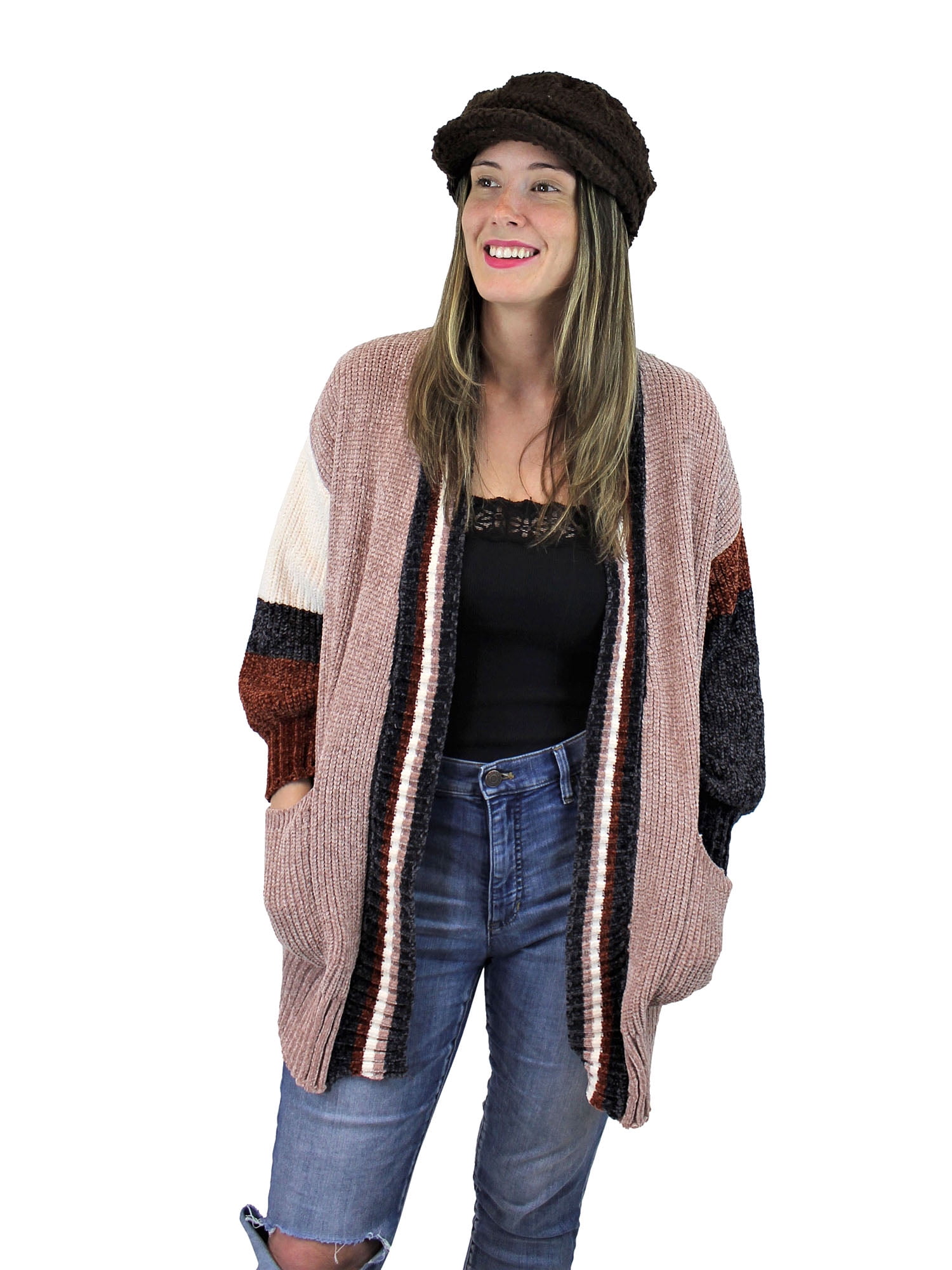 A\u0026O Knitted Plush Chenille Cardigan Sweater Color Block with Pockets Soft Cozy Silky Pale Pink, Size: Large