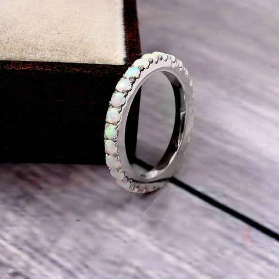 Opal Wedding Band Ring, Opal Gemstone Full Eternity Band, Cabochon Cut 925 Sterling Silver Opal Rings Jewelry Anniversary Gift for Her .