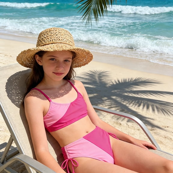 Conairie Two Piece Girl Tankini Sets Color Block Sleeveless Top And Bottom Bathing Suit Outfit Lightweight Swimsuit Summer Activities Outdoor Beach Swimwear Hot Pink 11-12 Y