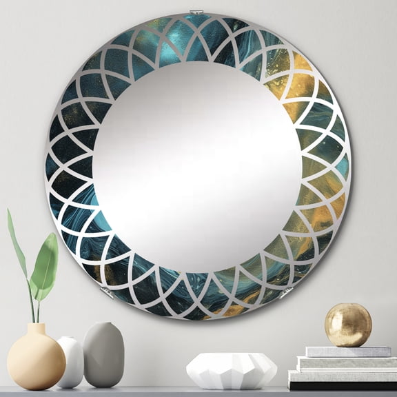 Designart "Golden Rivers in Agate Ripple VII" Fractals Round Wall Mirror - Modern Oval Printed Decorative Oversized Mirror - Multiple Color Options