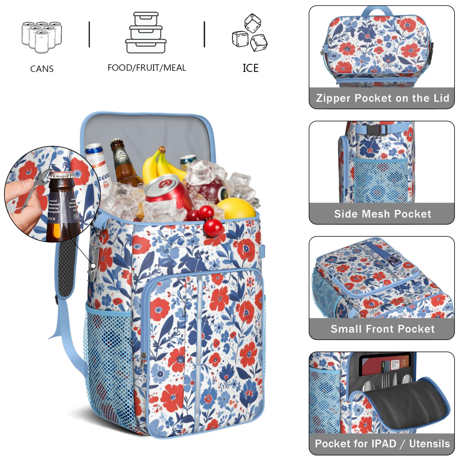 Travel Cooler Bag - Pioneer Flower Camping Beer Cooler Backpack with Bottle Opener- Waterproof Insulated Picnic Backpacks - Cooler Bag for Beach