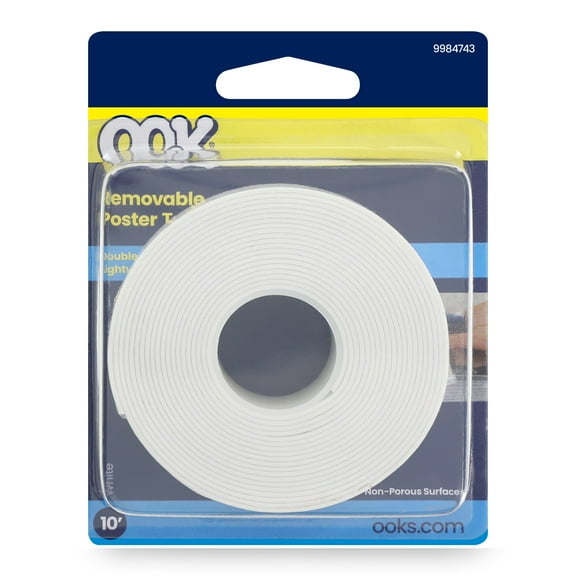 Ook Double Sided Removable Poster Tape, 10 ft, 1 lb, Rubber Adhesive, White, 1 roll