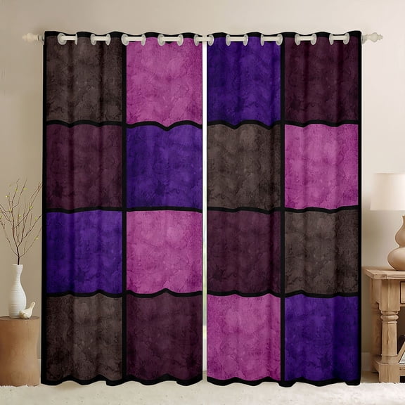 Castle Fairy Purple Pink Grid Blackout Curtains Set of 2 (52x84 Each) for Teenagers,Retro Geometric Checkered Window Curtains,Vintage Aesthetic Curtains and Drapes,Breathable Home Decor