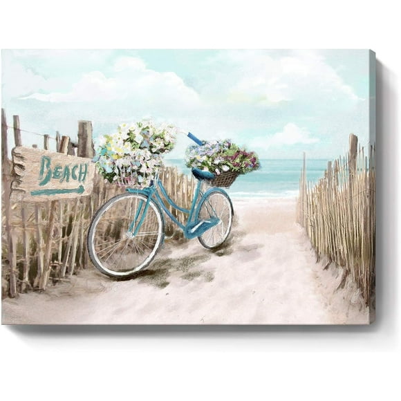 Beach Canvas Wall Art for Bathroom Ocean Pictures Seaside Bicycle Canvas Print Seascape Painting Framed Teal Aqua Blue Calming Shoreside for Modern Coastal Themed Lake Home Bedroom Décor Ready