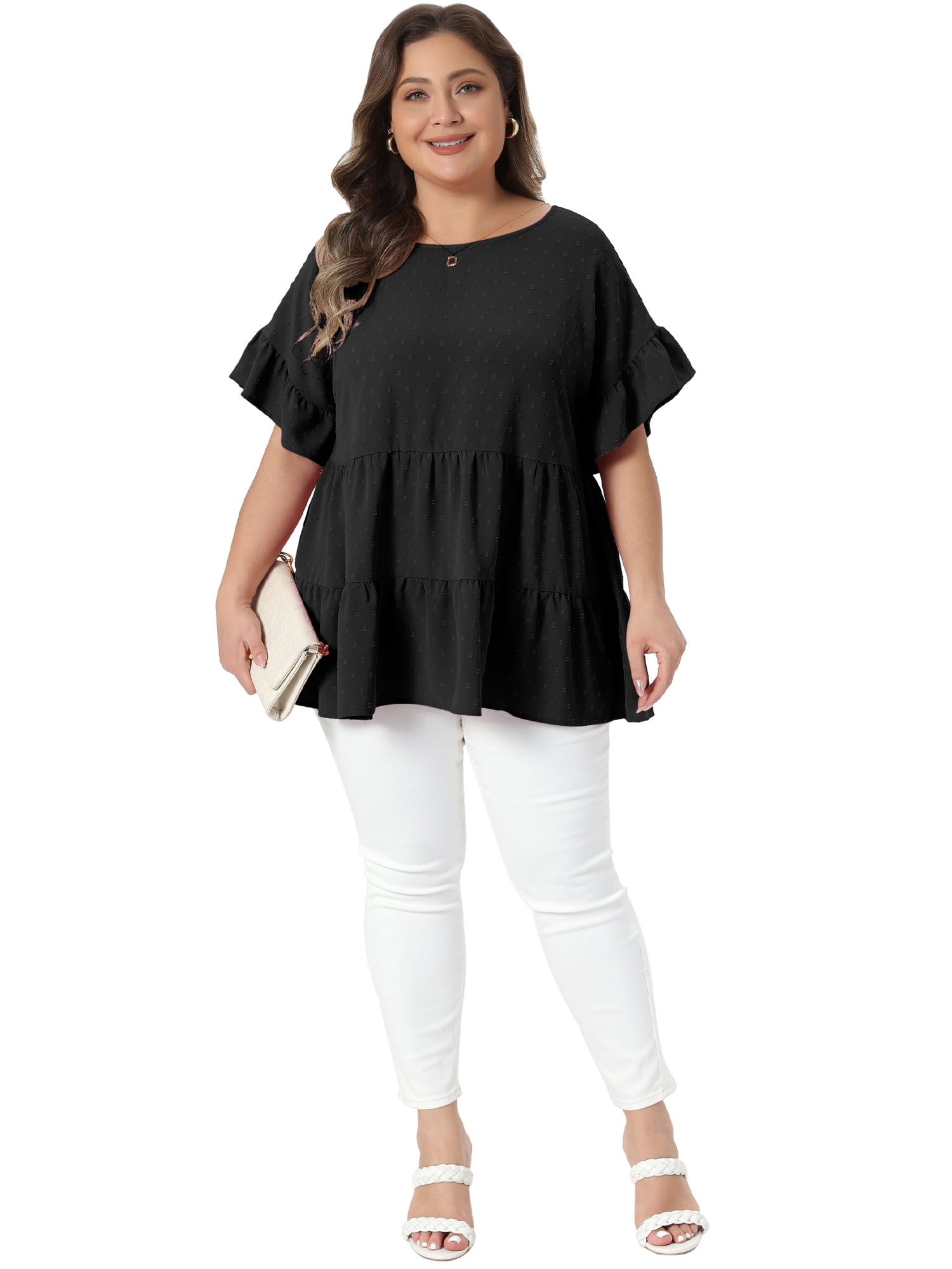 DARING DIVA Women's Plus Summer Tops Crew Neck Ruffle  Tiered Swiss Dots Blouses 4X Black