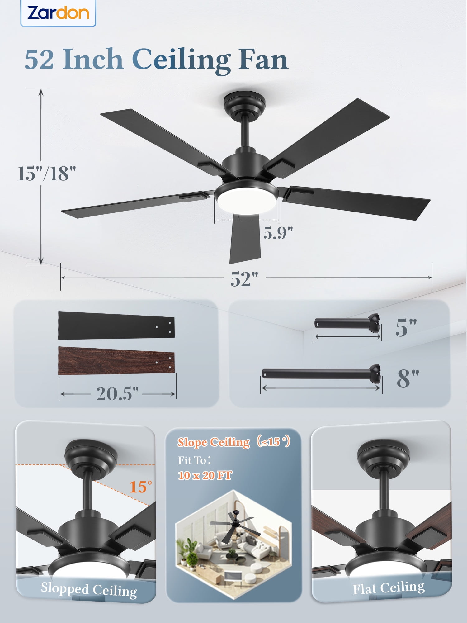 Zardon 52 Inch Modern Ceiling Fan with Light and Remote & APP Control, Adjustable Downrod Mount, 6 Speeds, Ultra Quiet DC Motor, Reversible Black/Walnut Blades