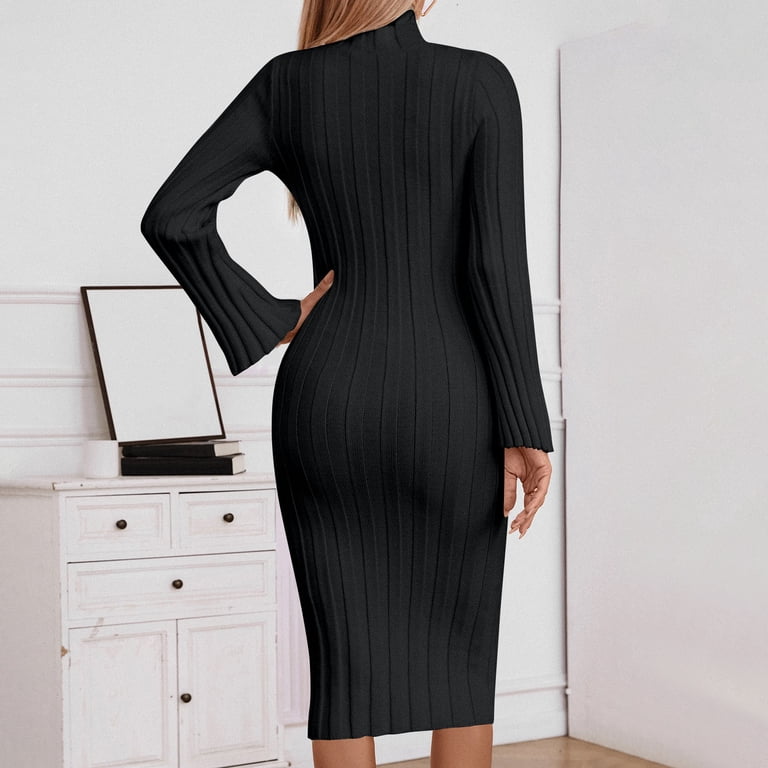 black bodycon dress long sleeve knee length Black Knee Length Long Sleeve Bodycon Dress Black Bodycon Dress Outfit Black Ribbed Jersey Long Sleeve Chain