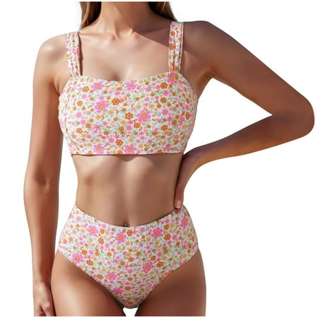 Pink Womens Beach Matching Casual Tankinis Set Swimwear Bikini Tankinis Set for Women Sexy Bohemian Hawaiian Seamless High Cut Triangle 2 Piece with Slit Tankinis XL