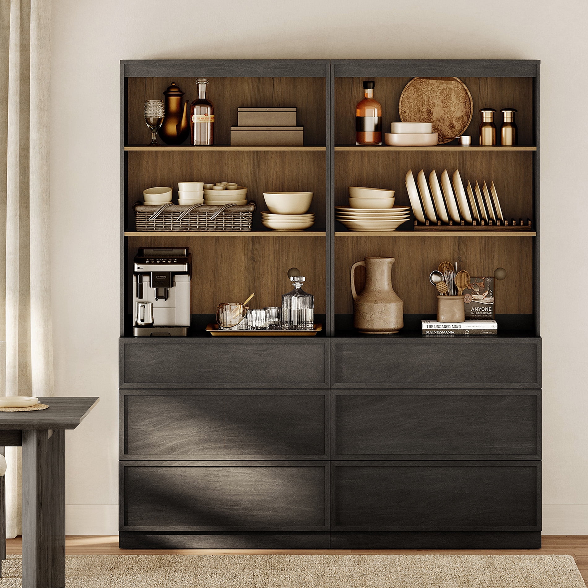 Modern 72" Tall 63" Wide Wood Sideboard Buffet with 6 Drawers & Open Shelves for Dining Kitchen,Black