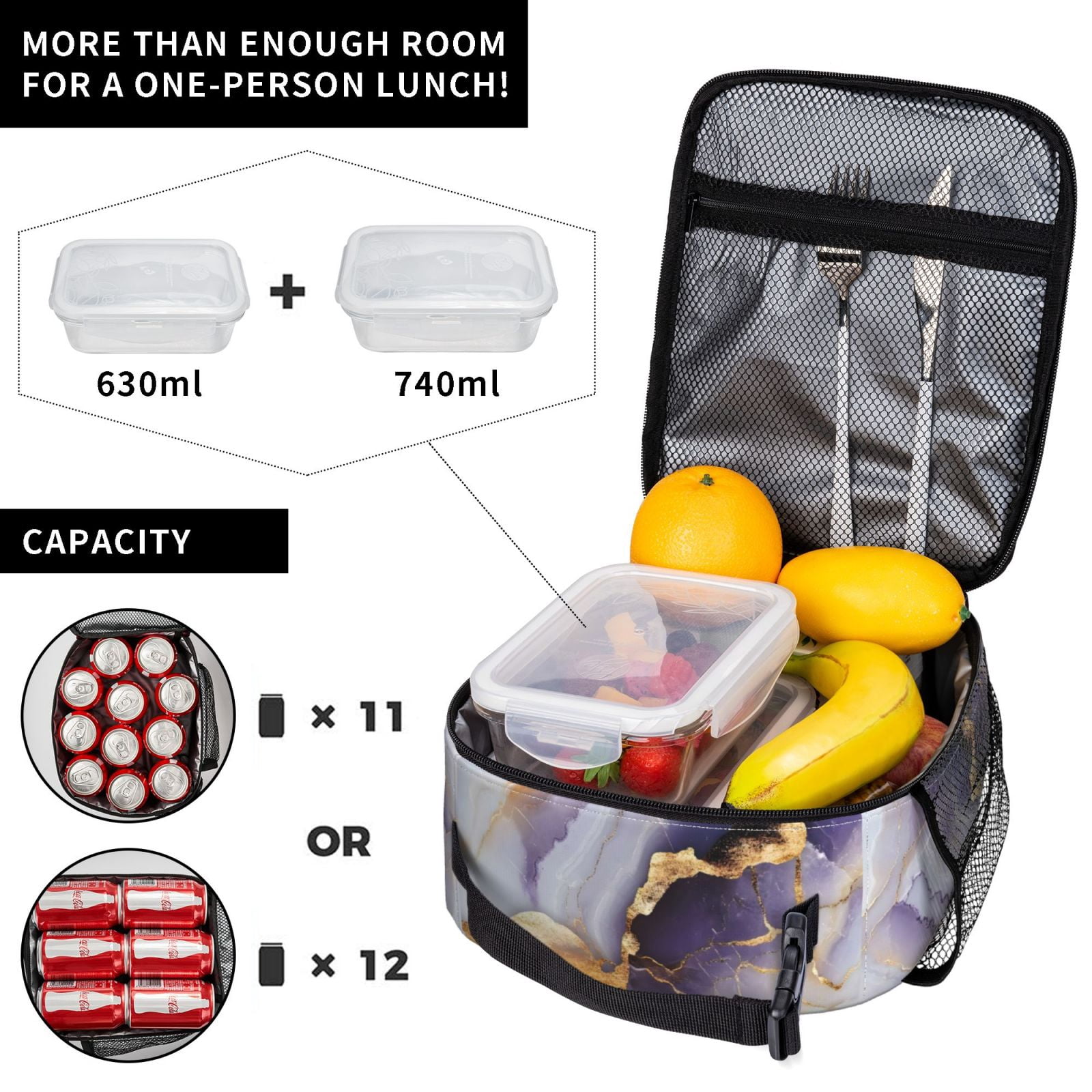 Lunch Bag For Women Men Insulated Portable Lunch Box Bento Box Office Picnic Travel Cooler Bag Purple-White-Gold Marble