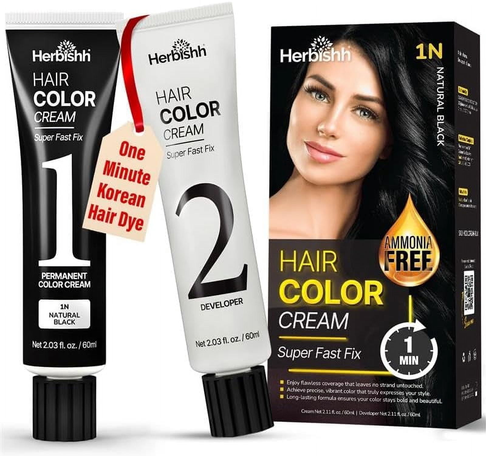 Herbishh Rapid Infusion Hair Color Cream – 1N Natural Black Hair Dye Permanent One Minute with Comb Applicator, Hair Color for Gray Hair Coverage, Ammonia-Free, Patented Korean Technology, 2.03 fl. O