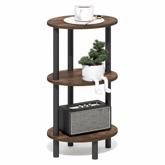 Furinno Turn-N-Tube 3-Tier Oval Side Table, Rustic Brown End Table, Night Stand, Bedside Table for Living Room, Bedroom, Amber Oak/Black