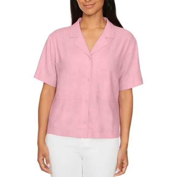 Buffalo David Bitton Women's Linen Blend Short Sleeve Utility Button Front Shirt, Pink, Size M