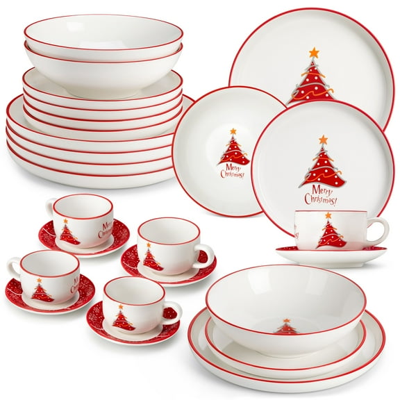 vancasso 30 Pieces Dinnerware Set Service for 6, Ceramic Tableware Set for Xmas, Dishwasher and Microwave Safe, Christmas Tree