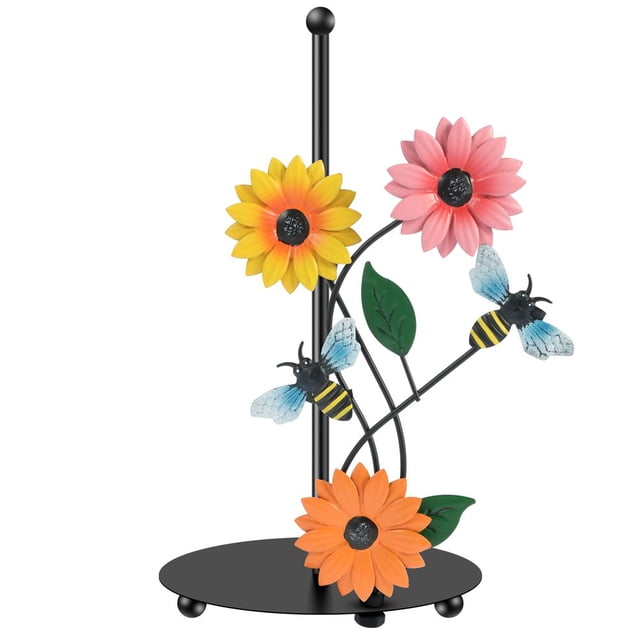 POINTERTECK Sunflower Paper Towel Holder Iron Art Sunflower Kitchen Roll Stand Lifelike Butterfly/Bee Paper Towel Stand Decorative Standing Paper Towel Holer for Kitchen Countertop Garden
