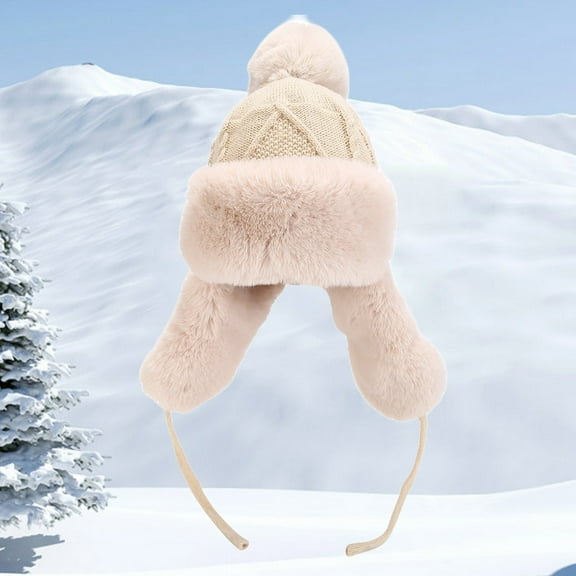 Tittly Winter Hats Beanie Cosy Beanie Hat Women Warm Faux Trapper Hat Fuzzy Ear Ski Snow Hats For Outdoors Skull Caps Hats for Women Beige One Size