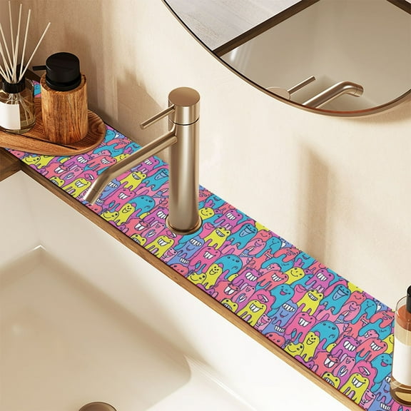 Faucet Mat for Kitchen Sink 30'' Sink Splash Guard Mat Super Absorbent Fast Drying Drain Pad Cartoon Teeth 2 Pack