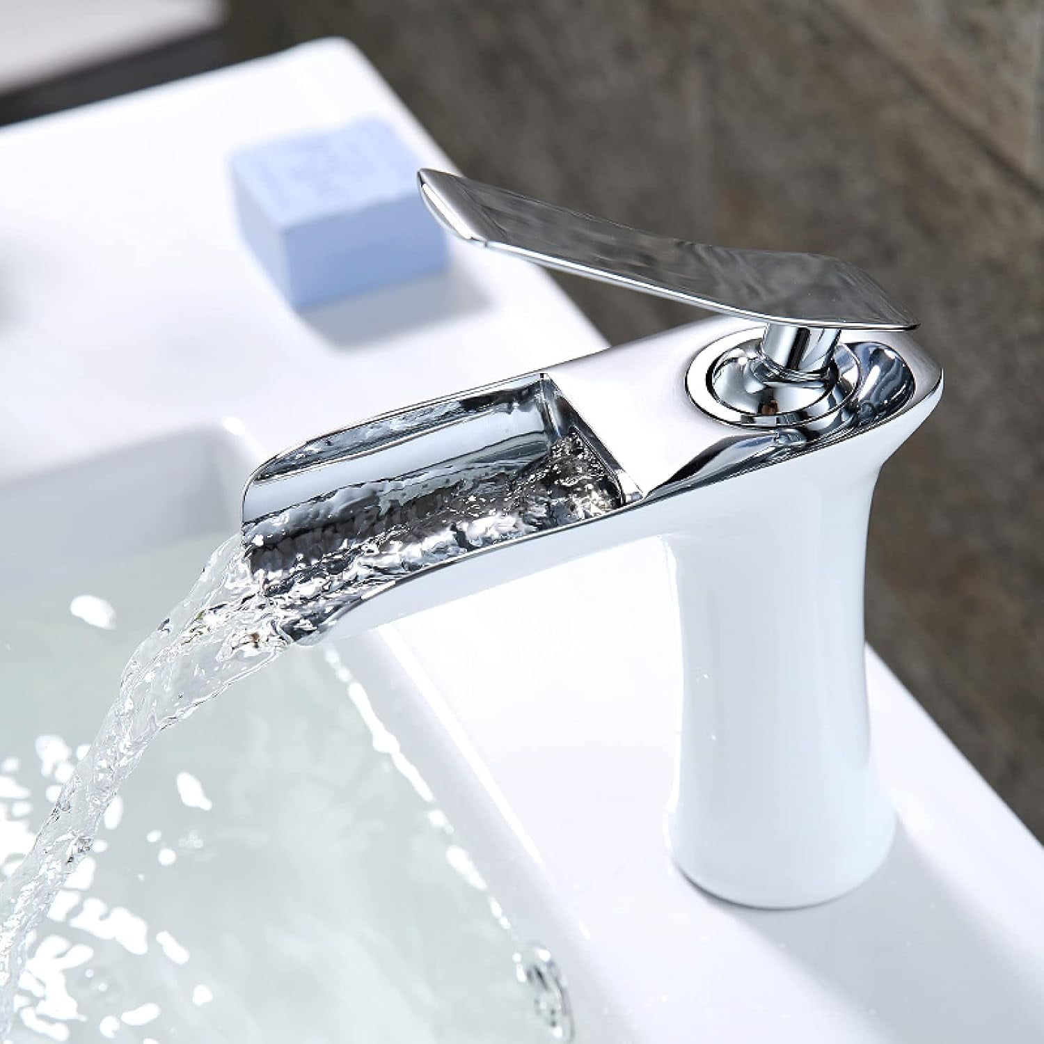 Waterfall Faucet for Bathroom Sink Brushed Gold, Solid Brass, Hot and Cold Water Mixer Tap, Waterfall Single Handle Bathroom Sink Faucet, High