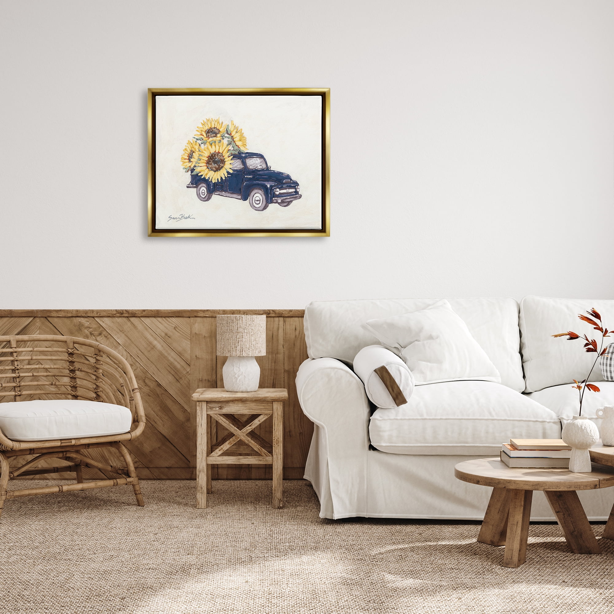 Stupell Industries Country Truck with Sunflowers Botanical & Floral Painting Gold Floater Framed Art Print Wall Art, 31 x 25