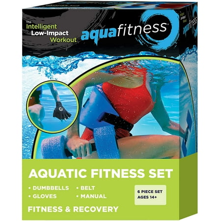 Aqua-Leisure New and Improved Aqua 6 Piece Fitness Set for Water Aerobics, Pool Exercise Equipment, Aquatic Swim Belt, Resistance Gloves, Barbells, Model: AF4730