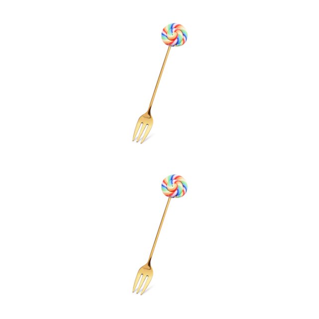 Transemion 1/2/3/5 Cartoon Adorable Restaurant Hotel Tableware Portable Washable Stainless Steel Stirring Mixing Dinnerware Cake Flatware Candy Fork Rainbow 2PCS