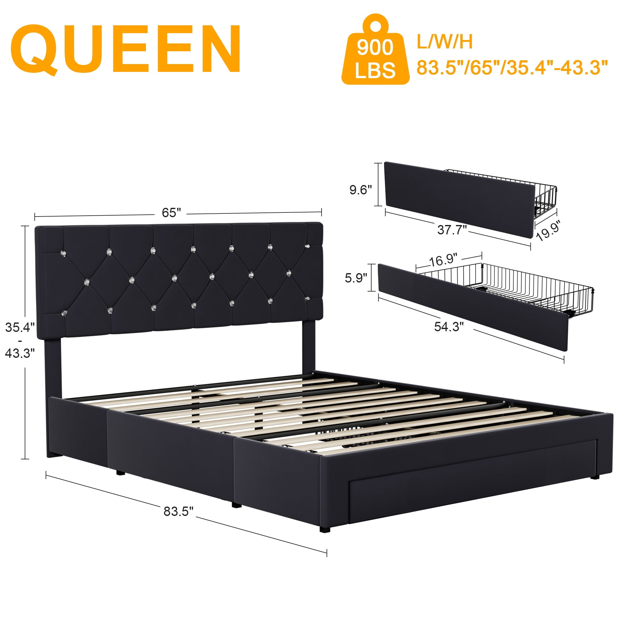 VECELO Queen Size Upholstered Bed Frame with 3 Drawers & Adjustable Headboard, Under Bed Storage, Black