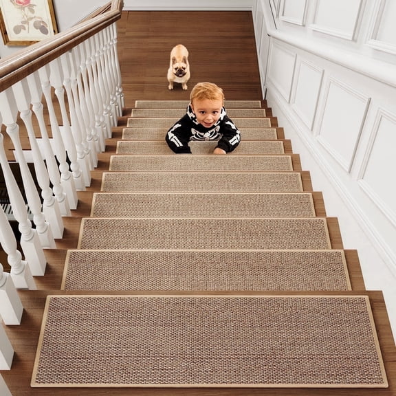 SIXHOME Stair Treads 15 Pack 8"x30" for Wooden Steps Braid Weave Non-Slip Staircase Indoor Comfort Rubber Backing Washable Runners Kids Dog-Friendly Treads Mats Set Beige