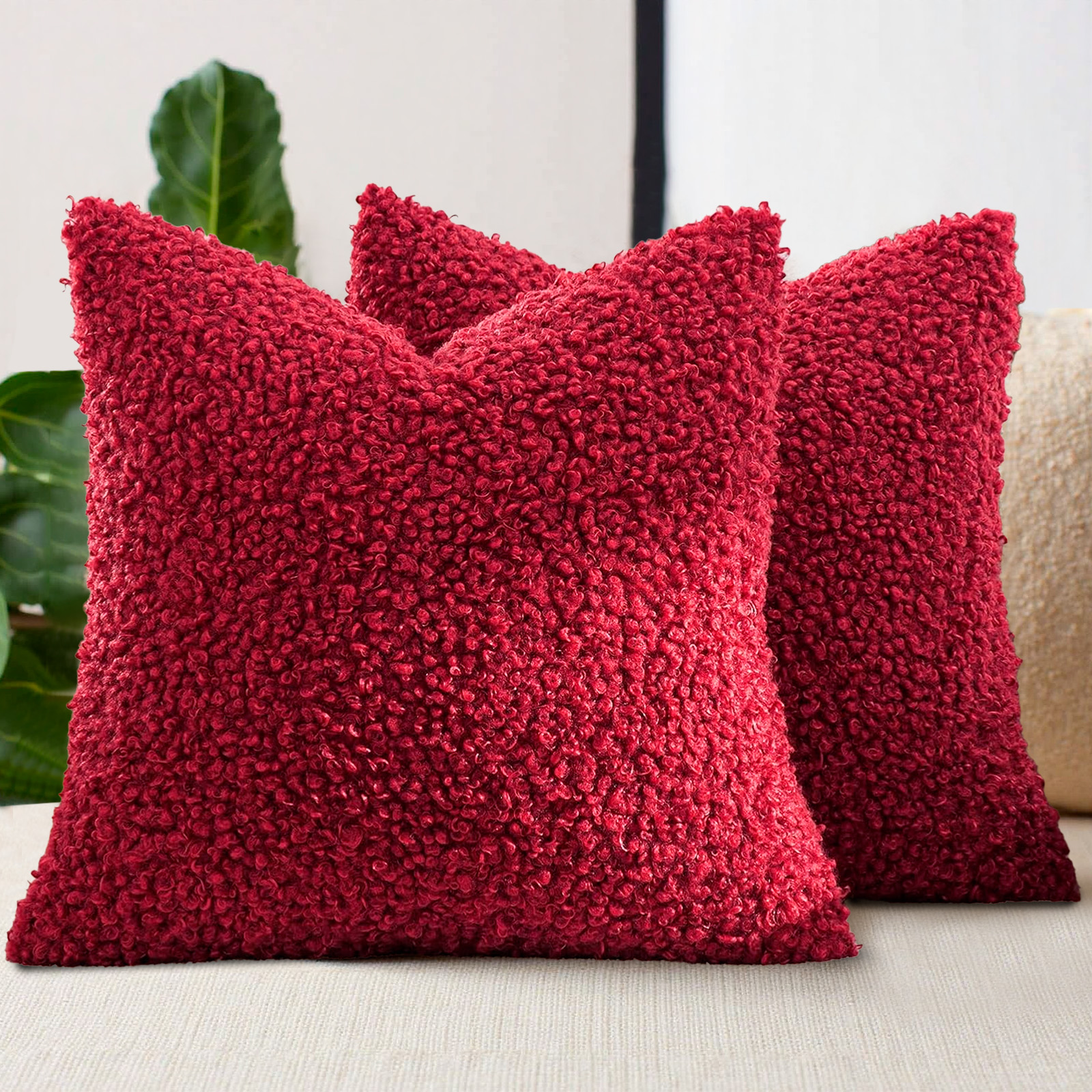 Sanmadrola Decorative Throw Pillow Covers 18" x 18" Set of 2, Teddy Fur Couch Plliowcase Cushion Cover Modern Farmhouse Home Decor, Wine Red