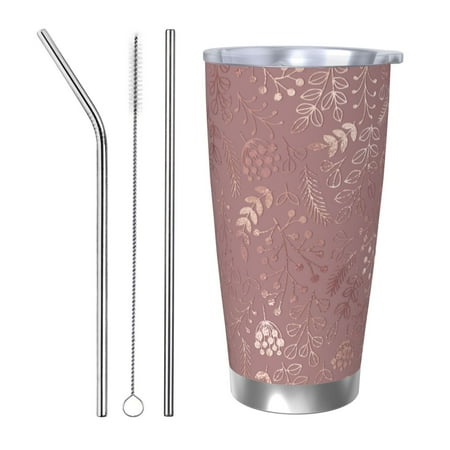 

20oz Straw Three-Piece Set Car Cup For The Coffee Shop Office Car Sports Home Easy To Carry Out Elegant Rose Gold Floral Pattern