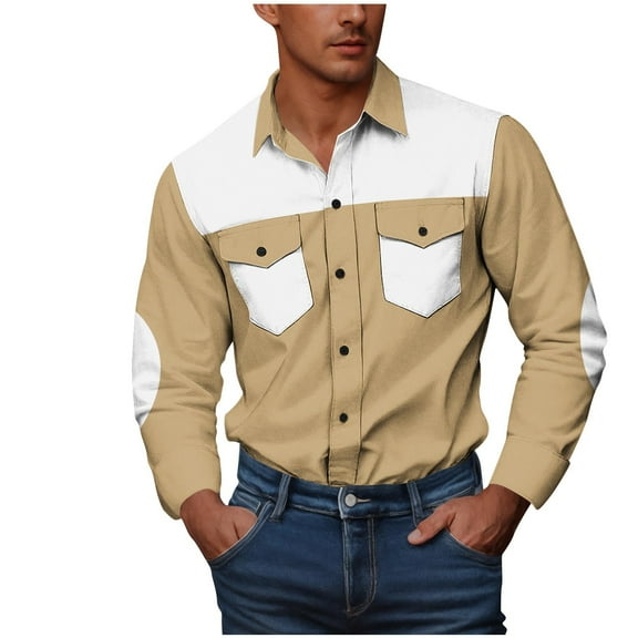 ZCFZJW Mens Western Cowboy Shirts Classic Fit Color Block Long Sleeve Button Up Shirts Stretch Pearl Snap Work Shirts for Men with Two Pockets White L