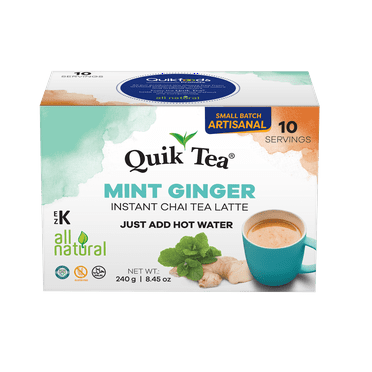 QuikTea Mint (Pudina) Ginger Chai Tea Latte - 10 Count Single Box - All Natural & Preservative Free Authentic Instant Chai Tea - Just Add Hot Water!
