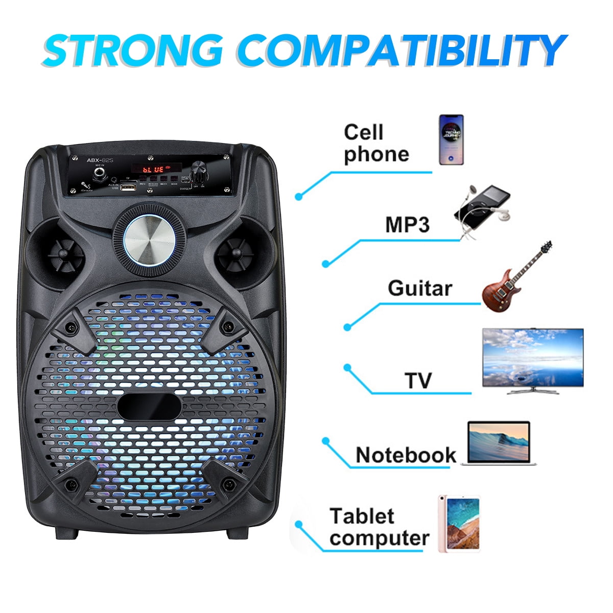 1100W 8" Portable Party Bluetooth Speaker with Tripod Stand Woofer Heavy Bass PA Party Sound System LED Mic AUX USB FM TF Wireless Speaker