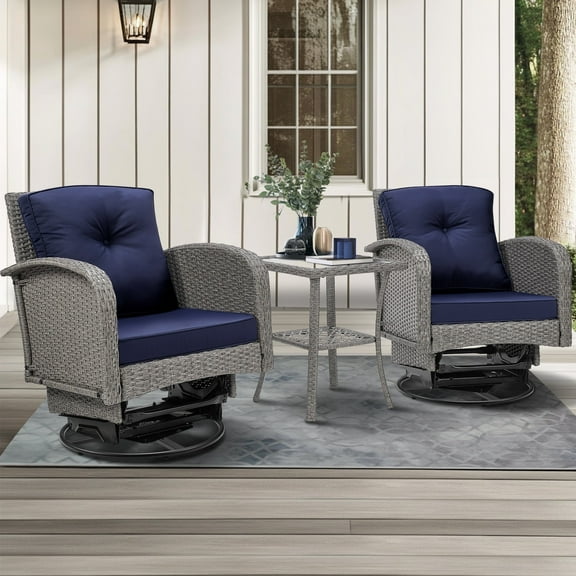 Seizeen Patio Furniture Set on Sale, 3 Pieces Outdoor Rattan Swivel Gliders Rocker w/Coffee Table, Wicker Patio Bistro Chair Set for Front Porch, Rocking Conversation Set w/Thickened Cushions, Navy