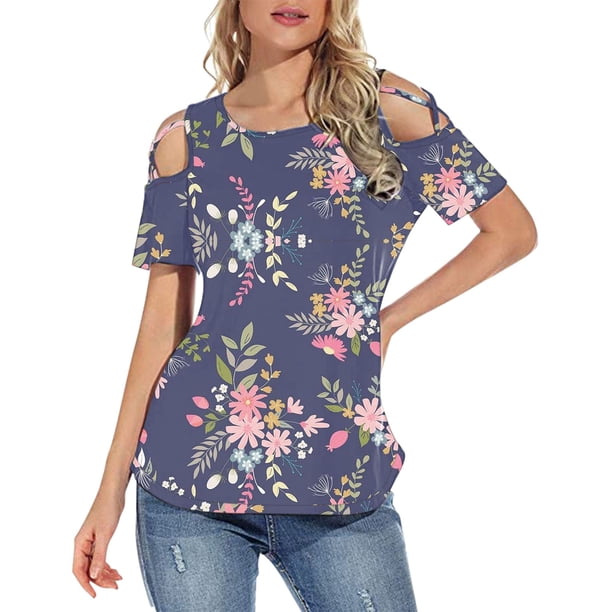 Gibobby Camisetas de verano para mujer Mujeres Blouse Top Flower imprimir con estilo T camisas(Morado,M)