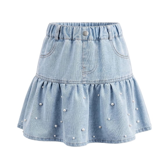 Girls Light Wash Denim Mini Skirt Elastic High Waist Ruffle Tiered Flared Jean Skirt with Pearl Decor Side Pockets Casual Summer Back to School Daily Kids Fashion Skirt