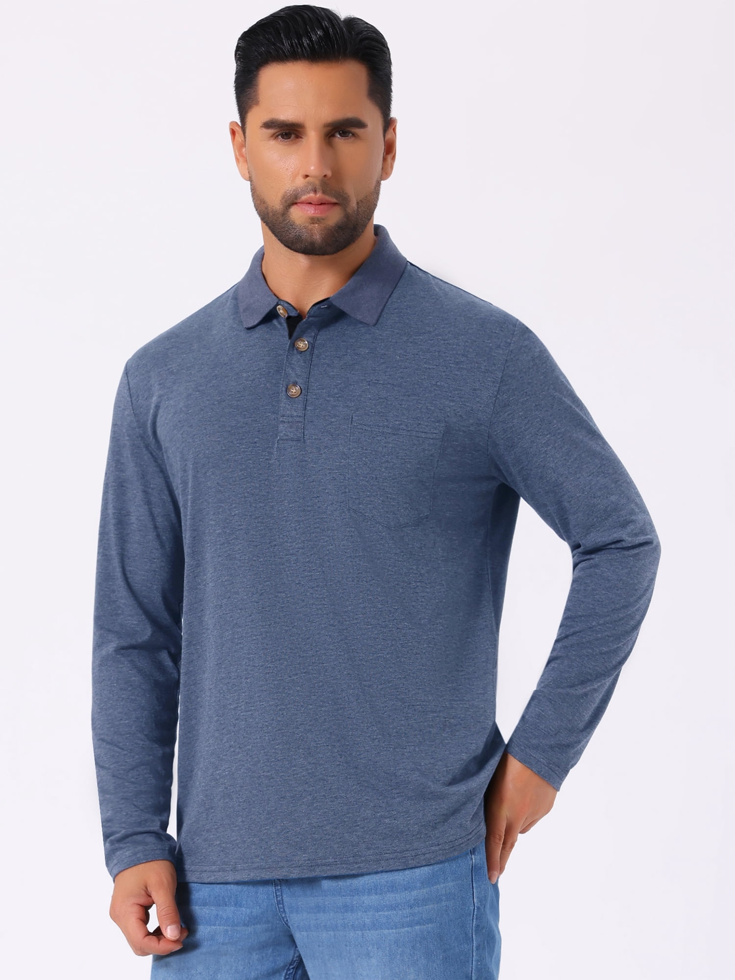 DARING DIVA Men's Contrast Button Collared Long Sleeves Golf Polo T-Shirts XL Dark Blue