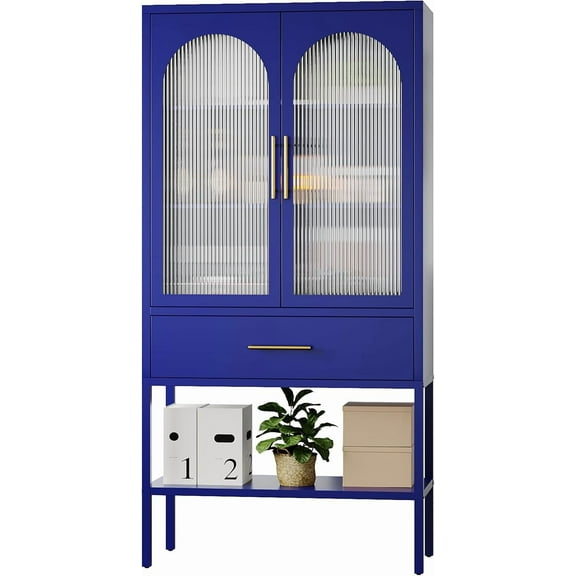 ALBAD 63 Inch Tall Metal Pantry/Display/Storage Cabinet with Fluted Glass Doors and Drawer & Adjustable Shelf for Modern Home Office Living Room Kitchen Blue