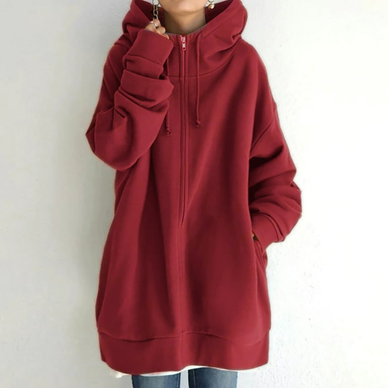 Womens Fall Fashion 2023 Women's Long Hoodies Casual Zip Up Sweatshirt  Fleece Winter Warm Tunic Jacket Outwear with Pockets and Drawstring 