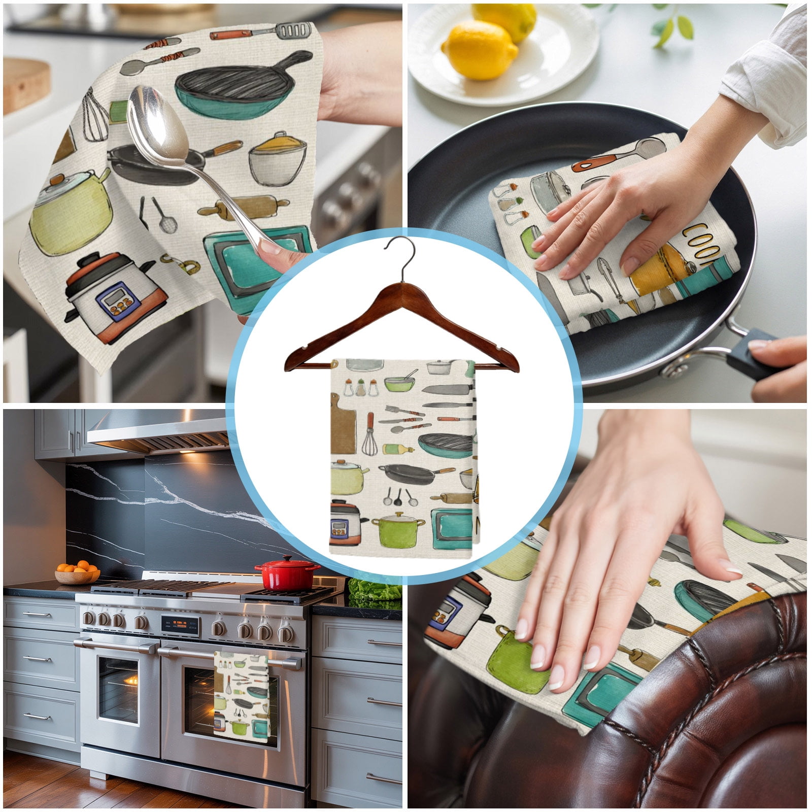 Kitchen Towel Kitchen Cooking Kitchenware Cartoon Style Dish Cloths 2 Pack 18x28in,Super Absorbent Tea Hand Towels Bathroom Cleaning Cloth Retro Linen Soft Dishcloth for Drying Dishes