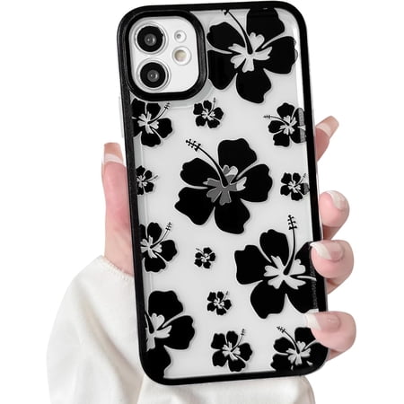 Compatible for iPhone 11 Case Clear Cute Floral Flower Hibiscus with Color Edge Design for Girls Women Soft TPU Shockproof Protective Girly for iPhone 11 Case-Black
