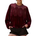thumbnail image 2 of WCJM Puff Short Sleeve Summer Tops Loose Fit Women's Long Sleeve Velvet Trim Lace Blouse Elegant Flared Swing Tops Round Neck Blouse Casual Wear, 2 of 5