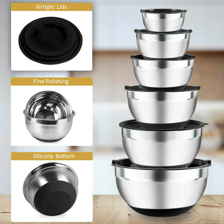 YuCook Mixing Bowls with Lids: 20 Pcs Stainless Steel Mixing Bowls Set with  Rubber Bottom, 7, 4, 3.5, 2.5, 2, 1.5QT Metal Mixing Bowls for Kitchen,  Black 