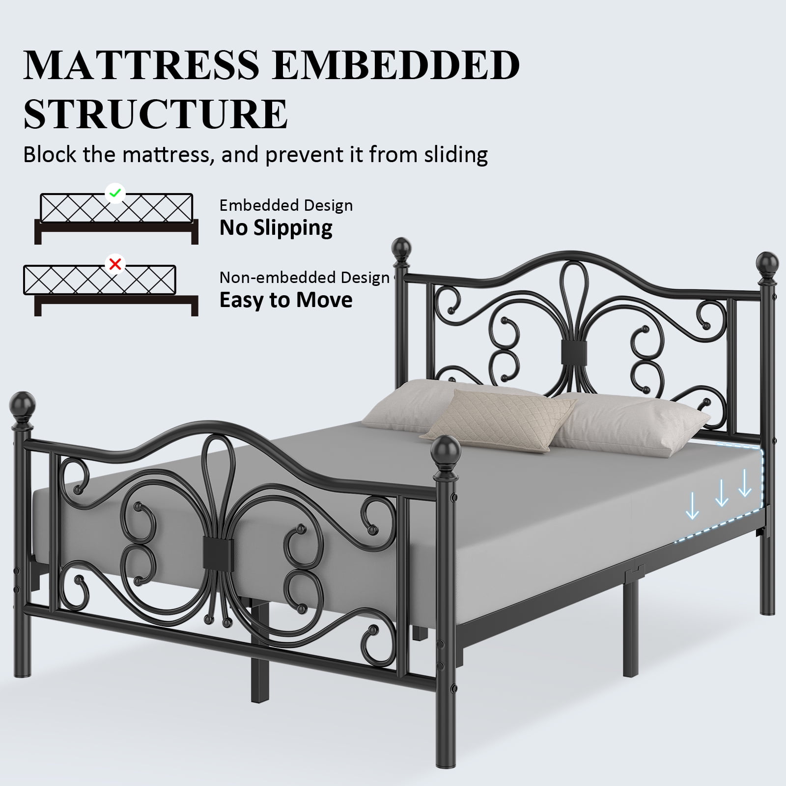 E-motie Metal Platform Bed Frame Queen Size with Butterfly Pattern Vintage Headboard & Footboard, Underbed Storage, Black